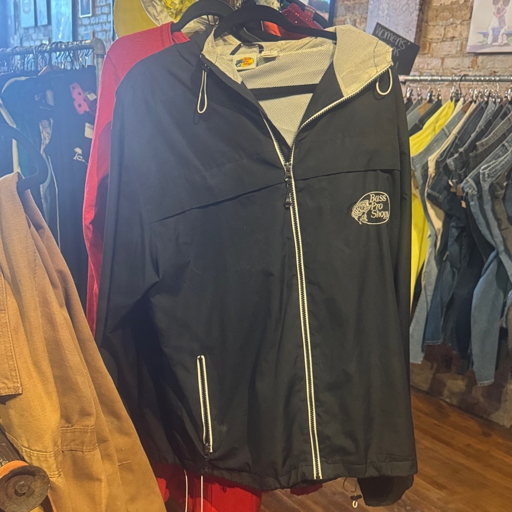 Bass Pro Shops Black Windbreaker Jacket large vintage y2k